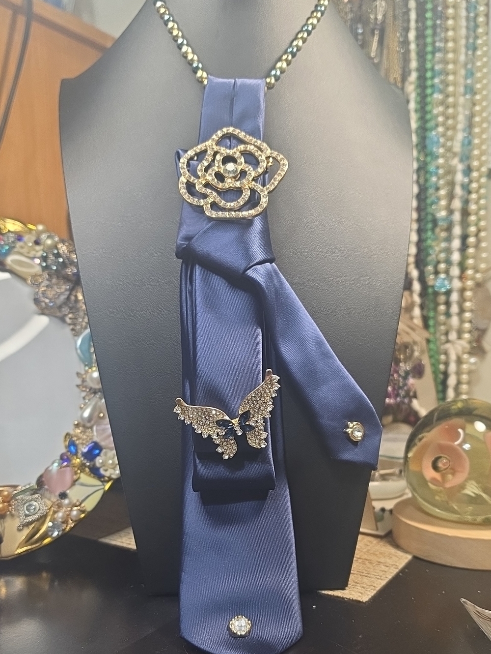 Elegant Navy Necktie & Necklace with Crystal Brooches - Women Accessories
